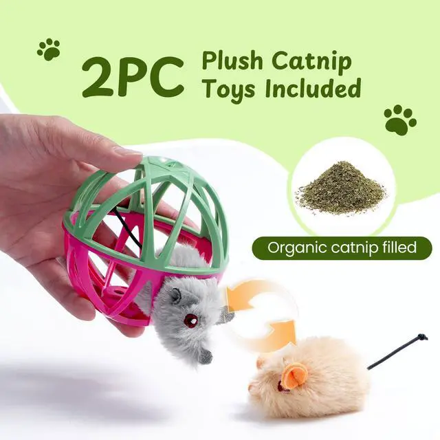 Alt view image 3 of 7 - Cat Toys for Indoor Cats - Interactive Ball Cage Cat Toy with Realistic Mice Sounds & 2 Catnip Plush Toys, Motion-Activated Hunting Simulation Toy for Cats