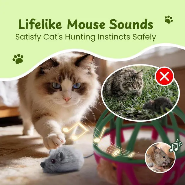 Alt view image 2 of 7 - Cat Toys for Indoor Cats - Interactive Ball Cage Cat Toy with Realistic Mice Sounds & 2 Catnip Plush Toys, Motion-Activated Hunting Simulation Toy for Cats