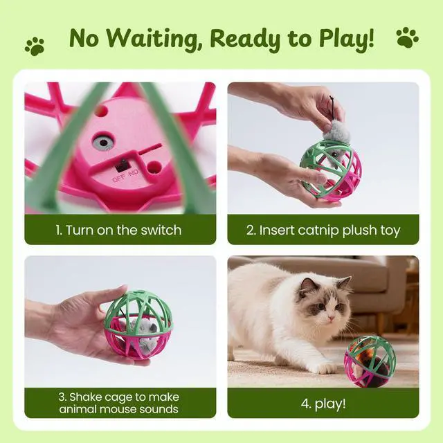 Alt view image 4 of 7 - Cat Toys for Indoor Cats - Interactive Ball Cage Cat Toy with Realistic Mice Sounds & 2 Catnip Plush Toys, Motion-Activated Hunting Simulation Toy for Cats