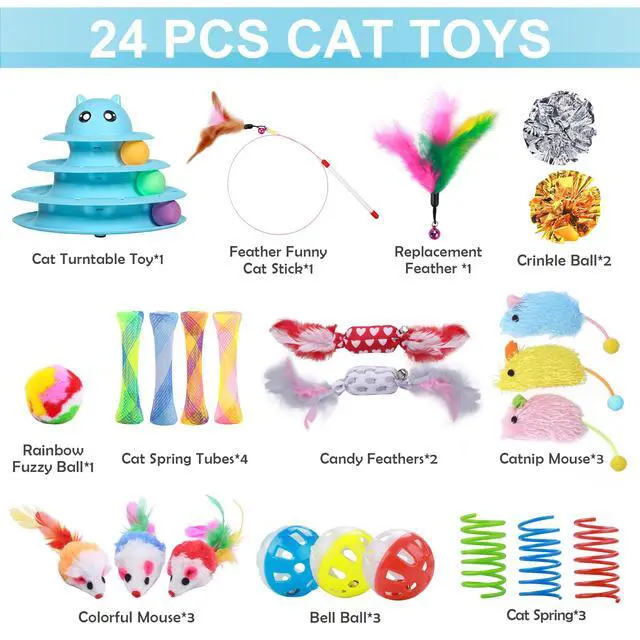 Alt view image 4 of 6 - 24 PCS Cat Toys Set with Teaser, Mice, Spring, and Various Ball Toys
