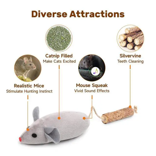 Alt view image 2 of 6 - Cat Toys: 3pcs Squeak Mice Interactive Catnip Silvervine Animals