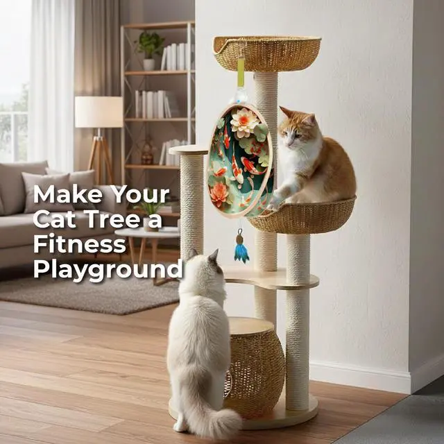 Alt view image 2 of 7 - 11 Interactive Cat Toys for Indoor Cats, Automatic Concealed Hide and Seek Hanging Feather Cat Toy, Rechargeable Motion-Activated Enrichment Toys for Bored Adult Cats (Fish Pond Pattern