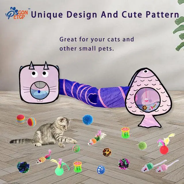 Alt view image 3 of 6 - Set for Indoor Cats: 23 PCS Kitten Toys, Incl. Collapsible Pet Tunnel, Interactive Cat Teaser Wand & Balls