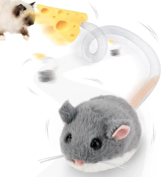 Main image of Interactive MigiMouse Cat Toy 360° Rolling & Spin with Mesh Plastic Tail for Indoor Cats Smart Motion Sensor, Realistic Squeak, Rechargeable Plush Kitten Toy(Grey)