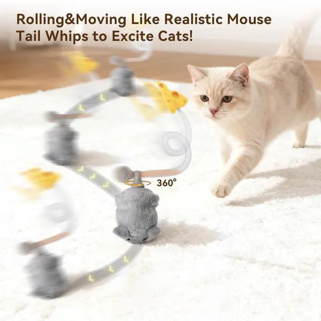 Alt view image 2 of 7 - Interactive MigiMouse Cat Toy 360° Rolling & Spin with Mesh Plastic Tail for Indoor Cats Smart Motion Sensor, Realistic Squeak, Rechargeable Plush Kitten Toy(Grey)