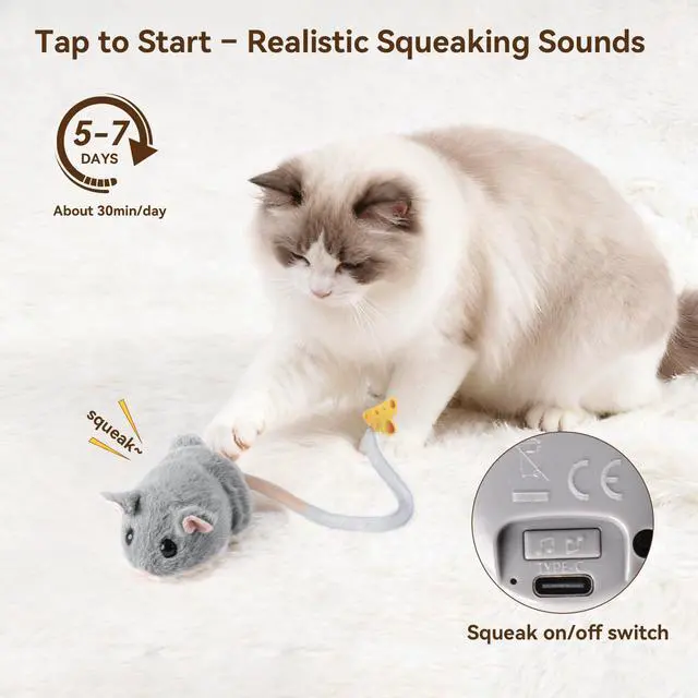 Alt view image 3 of 7 - Interactive MigiMouse Cat Toy 360° Rolling & Spin with Mesh Plastic Tail for Indoor Cats Smart Motion Sensor, Realistic Squeak, Rechargeable Plush Kitten Toy(Grey)