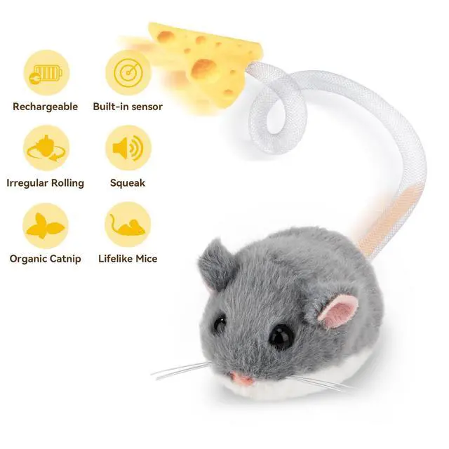 Alt view image 4 of 7 - Interactive MigiMouse Cat Toy 360° Rolling & Spin with Mesh Plastic Tail for Indoor Cats Smart Motion Sensor, Realistic Squeak, Rechargeable Plush Kitten Toy(Grey)