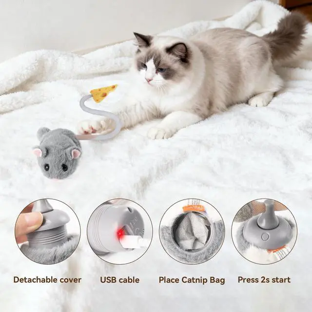 Alt view image 6 of 7 - Interactive MigiMouse Cat Toy 360° Rolling & Spin with Mesh Plastic Tail for Indoor Cats Smart Motion Sensor, Realistic Squeak, Rechargeable Plush Kitten Toy(Grey)