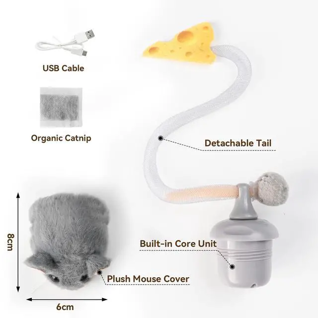 Alt view image 7 of 7 - Interactive MigiMouse Cat Toy 360° Rolling & Spin with Mesh Plastic Tail for Indoor Cats Smart Motion Sensor, Realistic Squeak, Rechargeable Plush Kitten Toy(Grey)