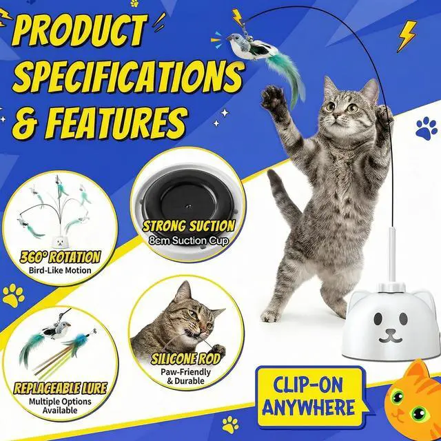 Alt view image 3 of 7 - Automatic Interactive Cat Toy, Flying Bird Wand for Indoor Cats