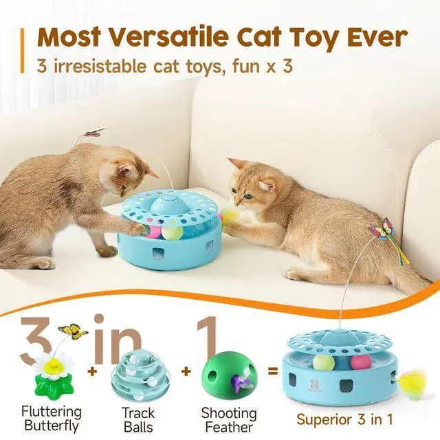 Alt view image 2 of 6 - Pet - Tech / Trai Cat Toys 3-in-1 Automatic Interactive Kitten Toy, Fluttering Butterfly, Random Moving Ambush Feather, Track Balls, Dual Power Supplies, USB Powered, Indoor Exercise Cat Kicker (Blue)