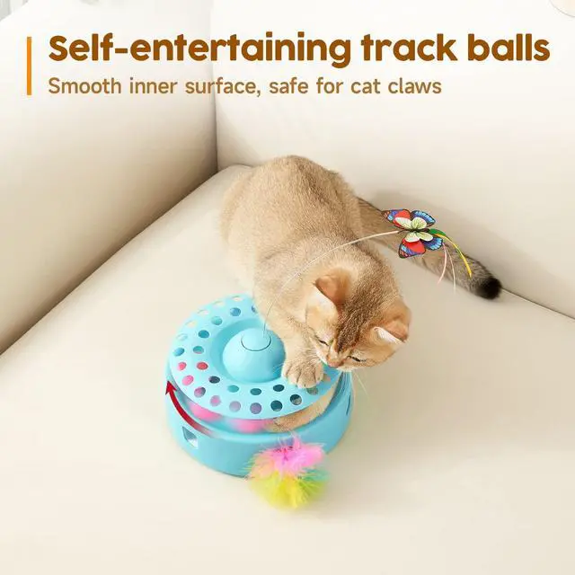 Alt view image 5 of 6 - Pet - Tech / Trai Cat Toys 3-in-1 Automatic Interactive Kitten Toy, Fluttering Butterfly, Random Moving Ambush Feather, Track Balls, Dual Power Supplies, USB Powered, Indoor Exercise Cat Kicker (Blue)