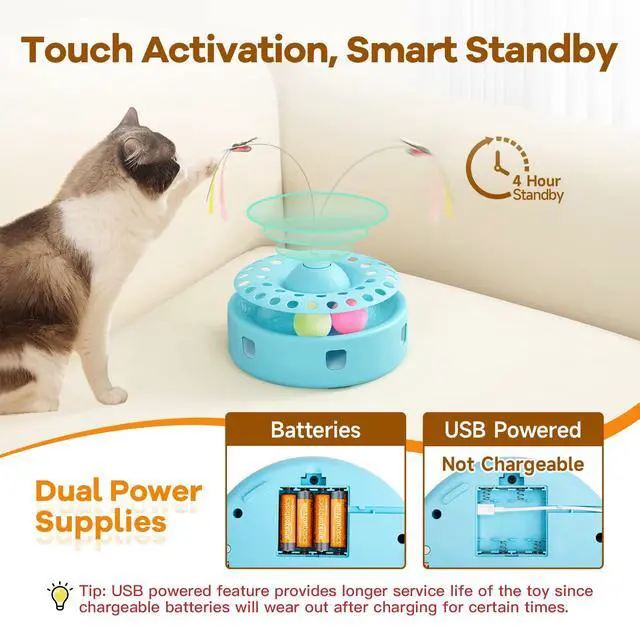 Alt view image 6 of 6 - Pet - Tech / Trai Cat Toys 3-in-1 Automatic Interactive Kitten Toy, Fluttering Butterfly, Random Moving Ambush Feather, Track Balls, Dual Power Supplies, USB Powered, Indoor Exercise Cat Kicker (Blue)