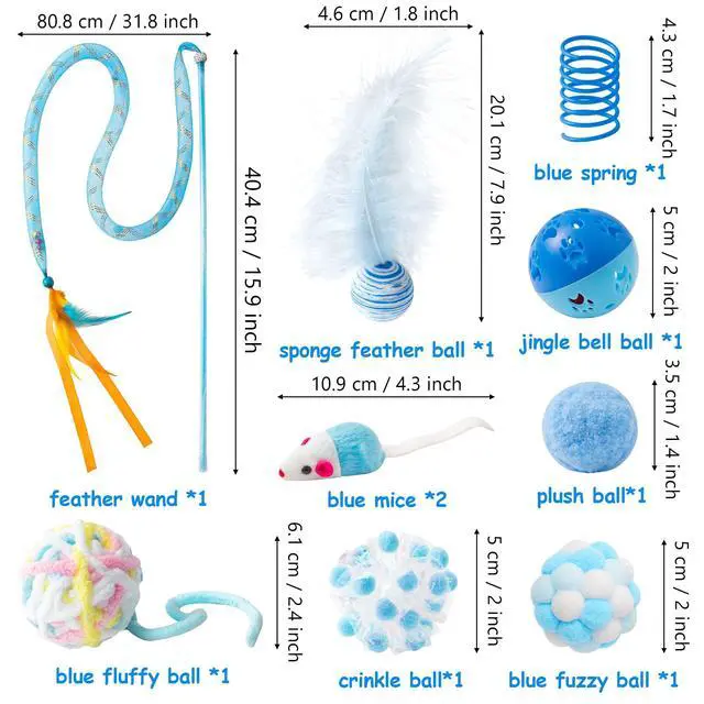 Alt view image 2 of 7 - Cat Toy Set Interactive Cat Toys 10Pcs Pack Including Cat Springs Feather Teaser Wand Mice Crinkle Balls and Pet Bell Balls, Puzzle Interactive Pet Gift Pack Toys for Indoor Kitten (Blue)