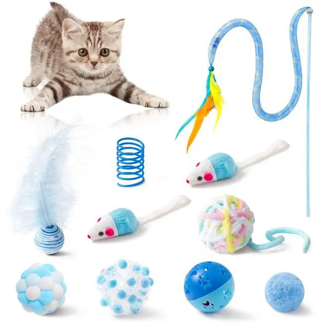 Main image of Cat Toy Set Interactive Cat Toys 10Pcs Pack Including Cat Springs Feather Teaser Wand Mice Crinkle Balls and Pet Bell Balls, Puzzle Interactive Pet Gift Pack Toys for Indoor Kitten (Blue)