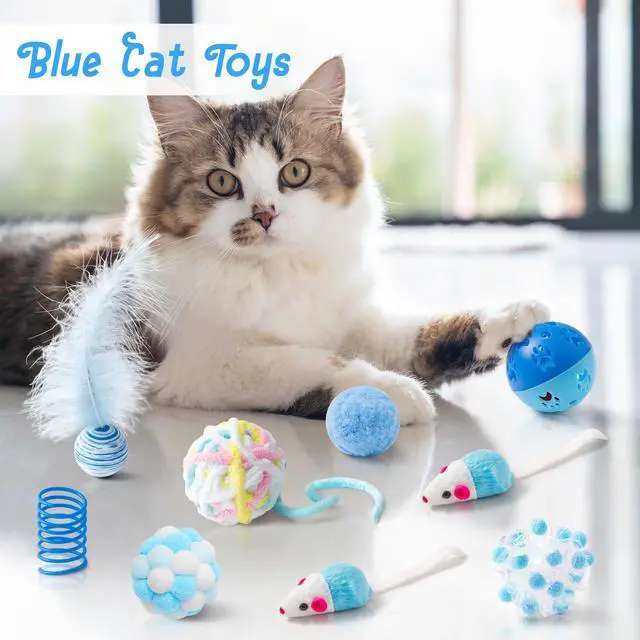 Alt view image 4 of 7 - Cat Toy Set Interactive Cat Toys 10Pcs Pack Including Cat Springs Feather Teaser Wand Mice Crinkle Balls and Pet Bell Balls, Puzzle Interactive Pet Gift Pack Toys for Indoor Kitten (Blue)