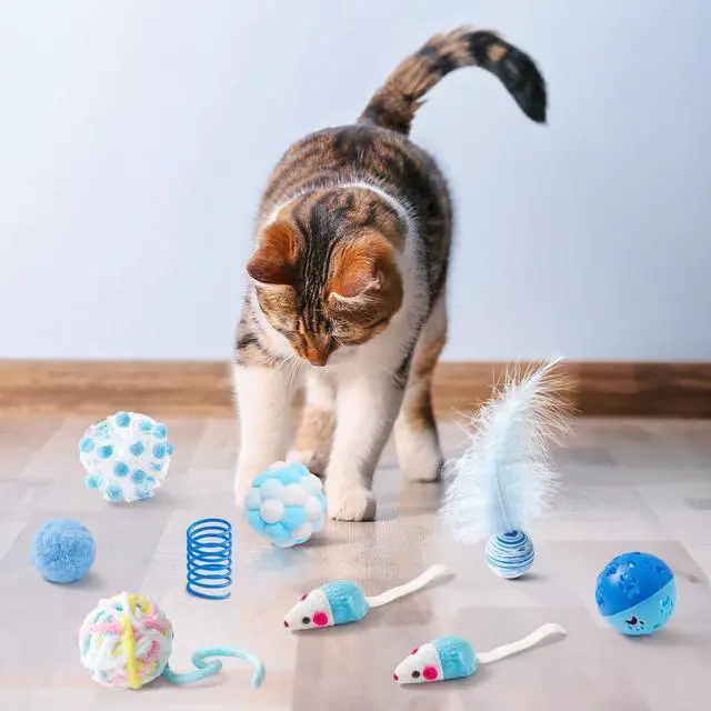 Alt view image 5 of 7 - Cat Toy Set Interactive Cat Toys 10Pcs Pack Including Cat Springs Feather Teaser Wand Mice Crinkle Balls and Pet Bell Balls, Puzzle Interactive Pet Gift Pack Toys for Indoor Kitten (Blue)