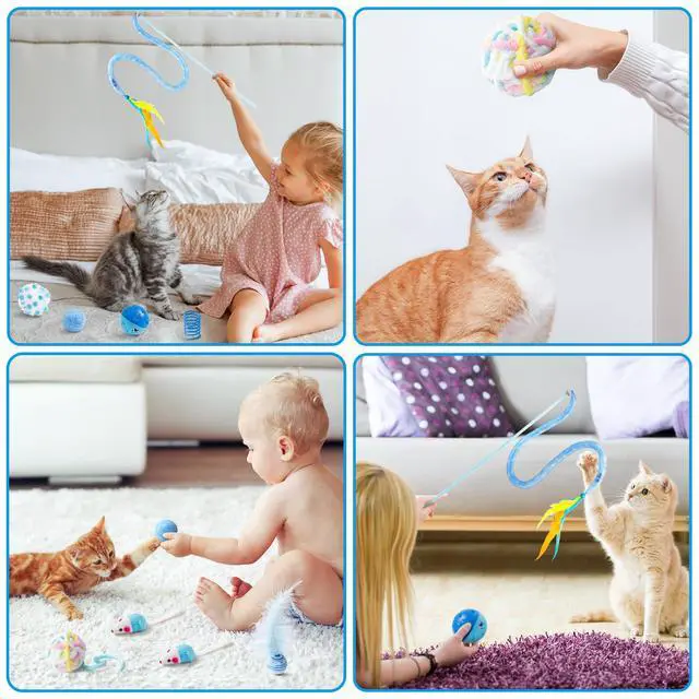 Alt view image 6 of 7 - Cat Toy Set Interactive Cat Toys 10Pcs Pack Including Cat Springs Feather Teaser Wand Mice Crinkle Balls and Pet Bell Balls, Puzzle Interactive Pet Gift Pack Toys for Indoor Kitten (Blue)