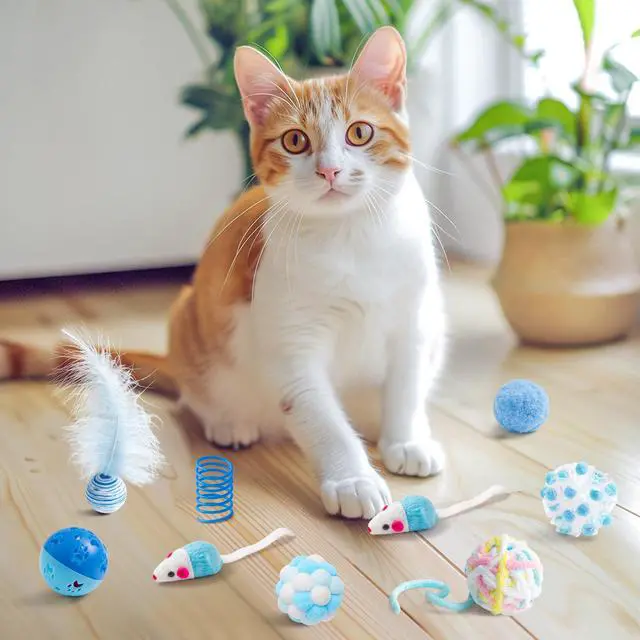 Alt view image 7 of 7 - Cat Toy Set Interactive Cat Toys 10Pcs Pack Including Cat Springs Feather Teaser Wand Mice Crinkle Balls and Pet Bell Balls, Puzzle Interactive Pet Gift Pack Toys for Indoor Kitten (Blue)