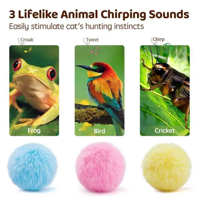 Alt view image 2 of 6 - Chirping Cat Toys Balls with SilverVine Catnip, Upgraded, 3 Pack Fluffy Interactive Cat Kicker, 3 Lifelike Animal Sounds, Kitty Kitten Catnip Exercise Toys