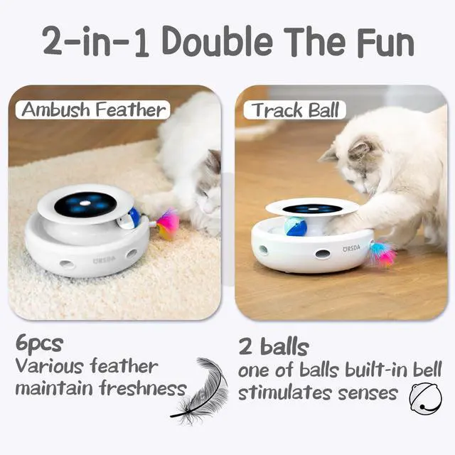 Alt view image 2 of 6 - 2in1 Interactive Toys for Indoor Cats, Timer Auto On/Off, Cat Toy Balls & Ambush Electronic Cat Mice Toy for Entertainment with 6pcs Feathers, Dual Power Supplies