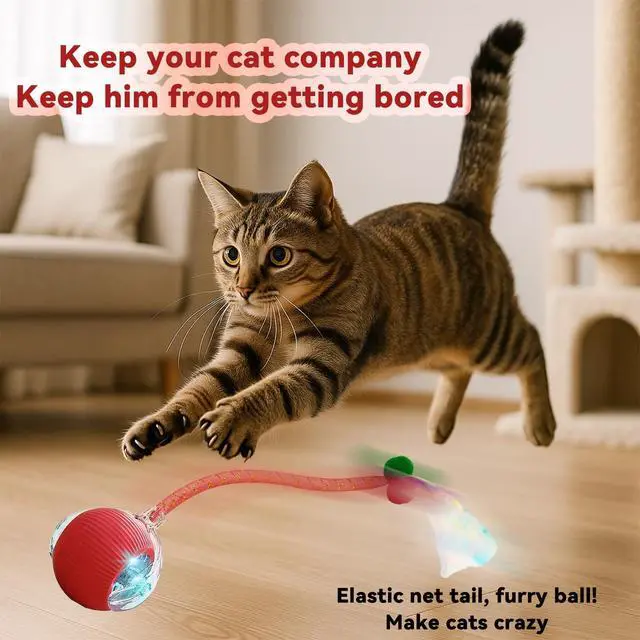 Alt view image 2 of 7 - Speedy 2.0 Tail 2 Packs Interactive Cat Toys for Indoor Cats, Automatic Cat Toy with Elastic Mesh Tail, Electric Rolling Ball on Carpet, Chirping and Motion Activate Cat