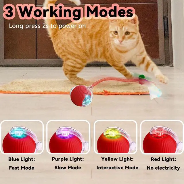 Alt view image 4 of 7 - Speedy 2.0 Tail 2 Packs Interactive Cat Toys for Indoor Cats, Automatic Cat Toy with Elastic Mesh Tail, Electric Rolling Ball on Carpet, Chirping and Motion Activate Cat