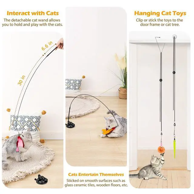 Alt view image 2 of 6 - Cat Toys, 2 Pack 3 in 1 Interactive Cat Toy for Indoor Cats with Sticky Super Suction Cup Detachable 10 Pcs Replacements Feathers Balls Mice 2 Wand Hanging Door Kitten Toys