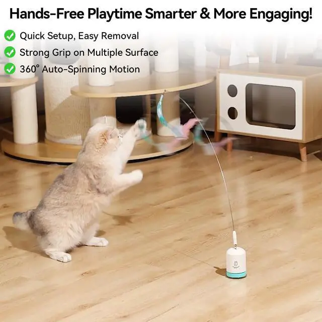 Alt view image 5 of 6 - Interactive Automatic Cat Teaser Wand Toy with Strong Suction Cup, 70cm Flexible Wire & DIY Bending Design, Rechargeable Cat Exercise Toy with Auto Timer for Indoor Cats (White)