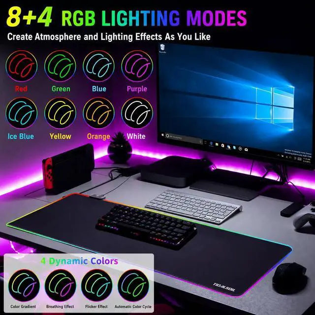 Alt view image 2 of 6 - RGB Gaming Mouse Pad, 31.5x11.8 in Extended LED Desk Mat, Black