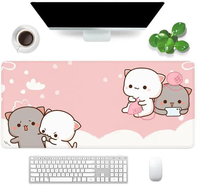 Main image of Pink Large Gaming Mouse Pad Kawaii Desk Pad XXL Cute Cat Mouse Mat 35x15.7x0.12 inch Desk Accessories (Pink Cat -2)