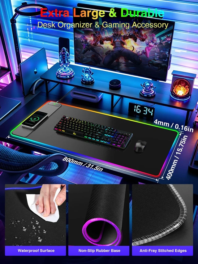 Alt view image 2 of 7 - Wireless Charging Mouse Pad Gaming, 31.5"x15.8" Large Desk Mat, Waterproof | RGB Mousepad, Smooth Glide, Stitched Edge, Non-Slip Rubber Base, Desk Pad Computer Keyboard Mat, No Adapter