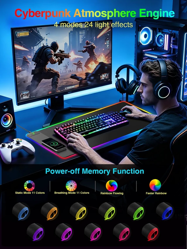 Alt view image 3 of 7 - Wireless Charging Mouse Pad Gaming, 31.5"x15.8" Large Desk Mat, Waterproof | RGB Mousepad, Smooth Glide, Stitched Edge, Non-Slip Rubber Base, Desk Pad Computer Keyboard Mat, No Adapter