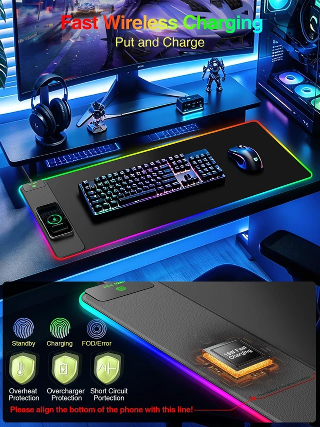 Alt view image 4 of 7 - Wireless Charging Mouse Pad Gaming, 31.5"x15.8" Large Desk Mat, Waterproof | RGB Mousepad, Smooth Glide, Stitched Edge, Non-Slip Rubber Base, Desk Pad Computer Keyboard Mat, No Adapter