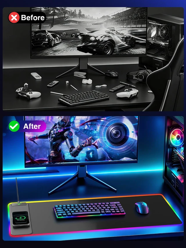 Alt view image 7 of 7 - Wireless Charging Mouse Pad Gaming, 31.5"x15.8" Large Desk Mat, Waterproof | RGB Mousepad, Smooth Glide, Stitched Edge, Non-Slip Rubber Base, Desk Pad Computer Keyboard Mat, No Adapter