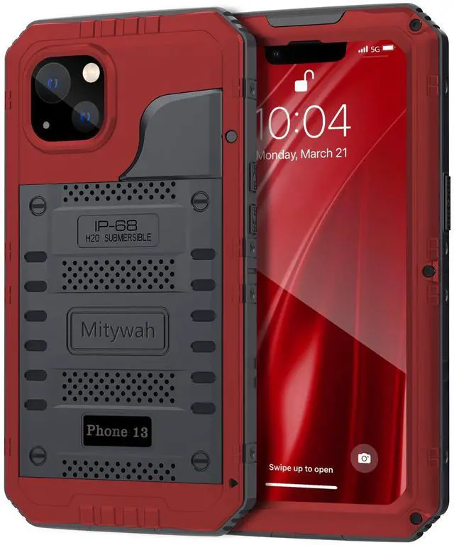 Main image of Waterproof Case for iPhone 13, Heavy Duty Military Grade Drop Protection Phone Case with Built-in Screen Protector, 360° Full Body Protection Metal Armor Dropproof Case 6.1 inch, Red