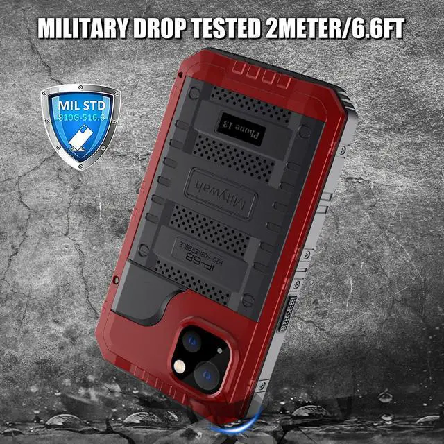 Alt view image 2 of 7 - Waterproof Case for iPhone 13, Heavy Duty Military Grade Drop Protection Phone Case with Built-in Screen Protector, 360° Full Body Protection Metal Armor Dropproof Case 6.1 inch, Red