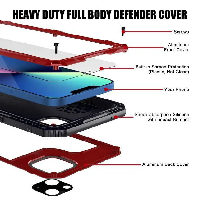 Alt view image 3 of 7 - Waterproof Case for iPhone 13, Heavy Duty Military Grade Drop Protection Phone Case with Built-in Screen Protector, 360° Full Body Protection Metal Armor Dropproof Case 6.1 inch, Red