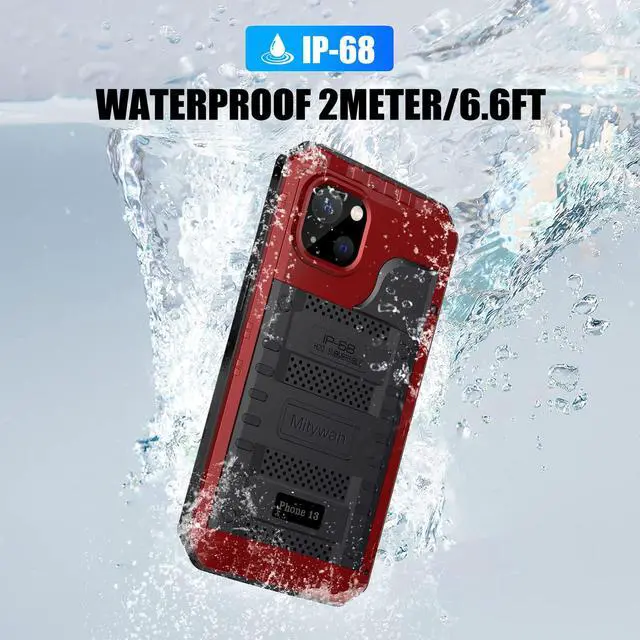 Alt view image 4 of 7 - Waterproof Case for iPhone 13, Heavy Duty Military Grade Drop Protection Phone Case with Built-in Screen Protector, 360° Full Body Protection Metal Armor Dropproof Case 6.1 inch, Red