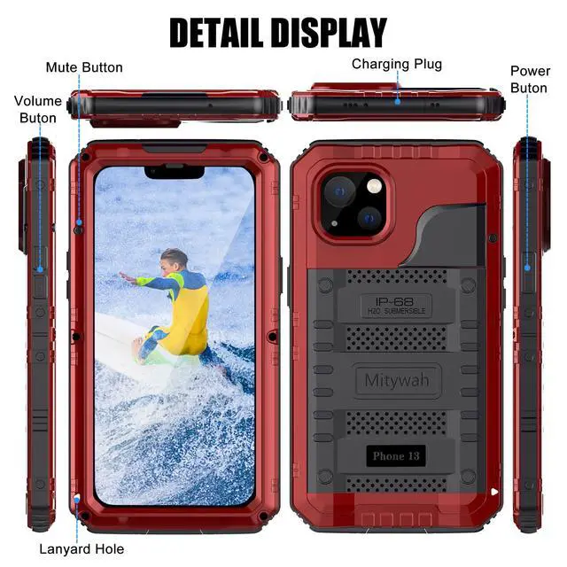 Alt view image 6 of 7 - Waterproof Case for iPhone 13, Heavy Duty Military Grade Drop Protection Phone Case with Built-in Screen Protector, 360° Full Body Protection Metal Armor Dropproof Case 6.1 inch, Red