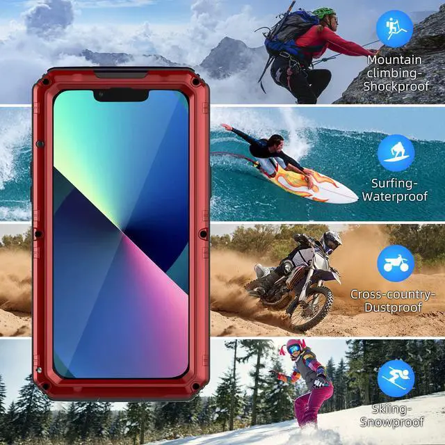 Alt view image 7 of 7 - Waterproof Case for iPhone 13, Heavy Duty Military Grade Drop Protection Phone Case with Built-in Screen Protector, 360° Full Body Protection Metal Armor Dropproof Case 6.1 inch, Red