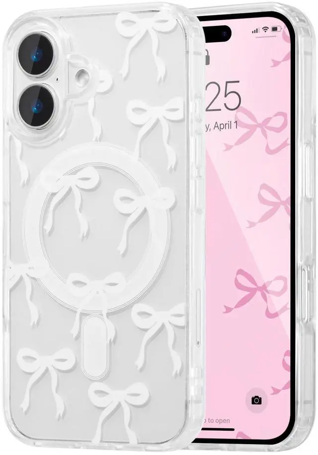 Main image of Magnetic for iPhone 17 Case, Bow Case Compatible with MagSafe, Wireless Slim Clear Ribbon Aesthetic Phone Cover Anti-Yellowing Shockproof Protective Cover for Women Girl - White