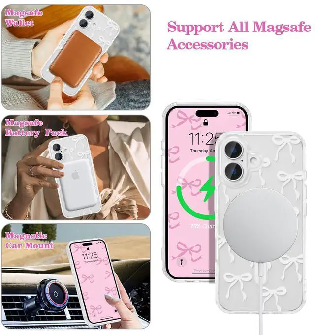 Alt view image 2 of 7 - Magnetic for iPhone 17 Case, Bow Case Compatible with MagSafe, Wireless Slim Clear Ribbon Aesthetic Phone Cover Anti-Yellowing Shockproof Protective Cover for Women Girl - White