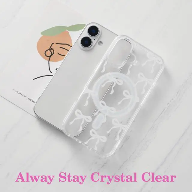 Alt view image 3 of 7 - Magnetic for iPhone 17 Case, Bow Case Compatible with MagSafe, Wireless Slim Clear Ribbon Aesthetic Phone Cover Anti-Yellowing Shockproof Protective Cover for Women Girl - White
