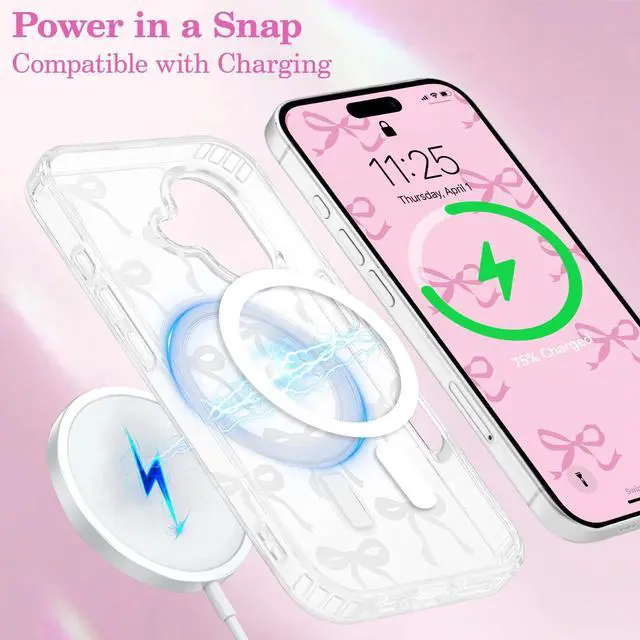 Alt view image 5 of 7 - Magnetic for iPhone 17 Case, Bow Case Compatible with MagSafe, Wireless Slim Clear Ribbon Aesthetic Phone Cover Anti-Yellowing Shockproof Protective Cover for Women Girl - White
