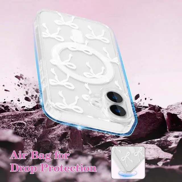 Alt view image 6 of 7 - Magnetic for iPhone 17 Case, Bow Case Compatible with MagSafe, Wireless Slim Clear Ribbon Aesthetic Phone Cover Anti-Yellowing Shockproof Protective Cover for Women Girl - White