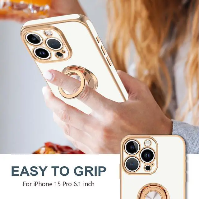 Alt view image 2 of 7 - for iPhone 15 Pro Case with Ring Stand, 360° Rotatable Ring Holder Magnetic Kickstand, Plating Rose Gold Edge Soft Cover Luxury Protective Phone Case for iPhone 15 Pro 6.1", White