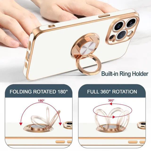 Alt view image 4 of 7 - for iPhone 15 Pro Case with Ring Stand, 360° Rotatable Ring Holder Magnetic Kickstand, Plating Rose Gold Edge Soft Cover Luxury Protective Phone Case for iPhone 15 Pro 6.1", White