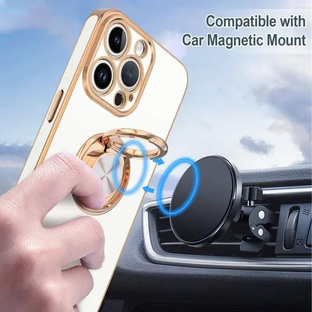 Alt view image 5 of 7 - for iPhone 15 Pro Case with Ring Stand, 360° Rotatable Ring Holder Magnetic Kickstand, Plating Rose Gold Edge Soft Cover Luxury Protective Phone Case for iPhone 15 Pro 6.1", White