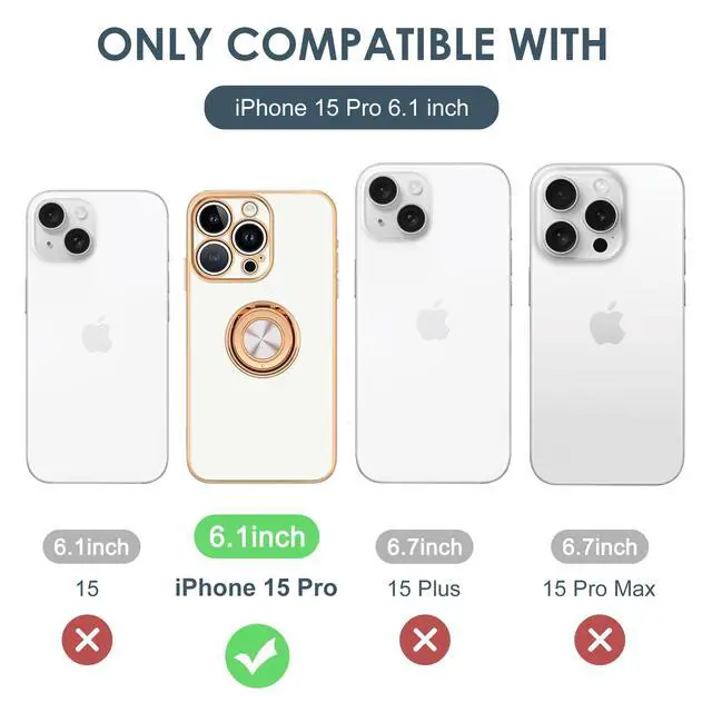 Alt view image 7 of 7 - for iPhone 15 Pro Case with Ring Stand, 360° Rotatable Ring Holder Magnetic Kickstand, Plating Rose Gold Edge Soft Cover Luxury Protective Phone Case for iPhone 15 Pro 6.1", White